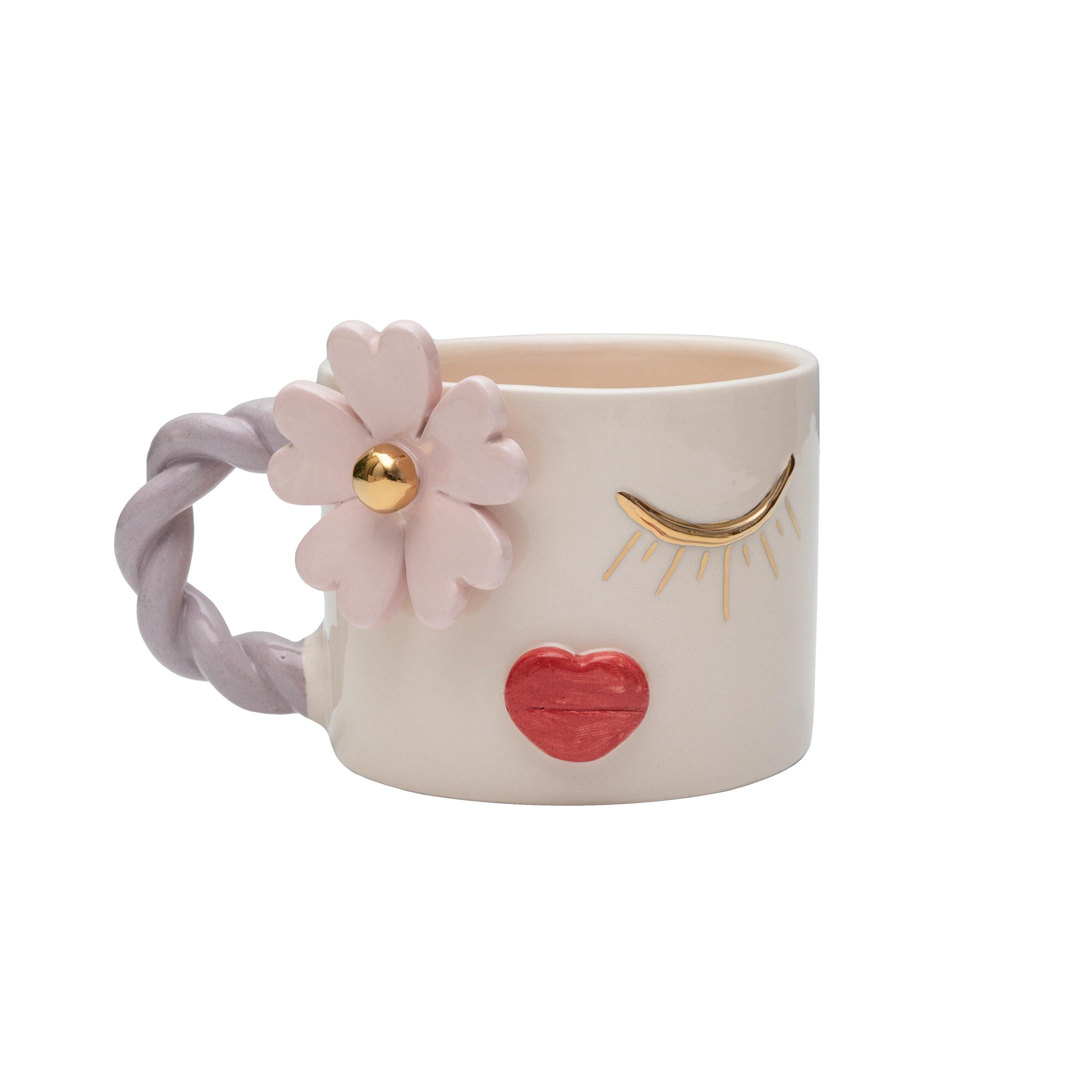 Whimsical Daisy and Red Lips Ceramic Mug